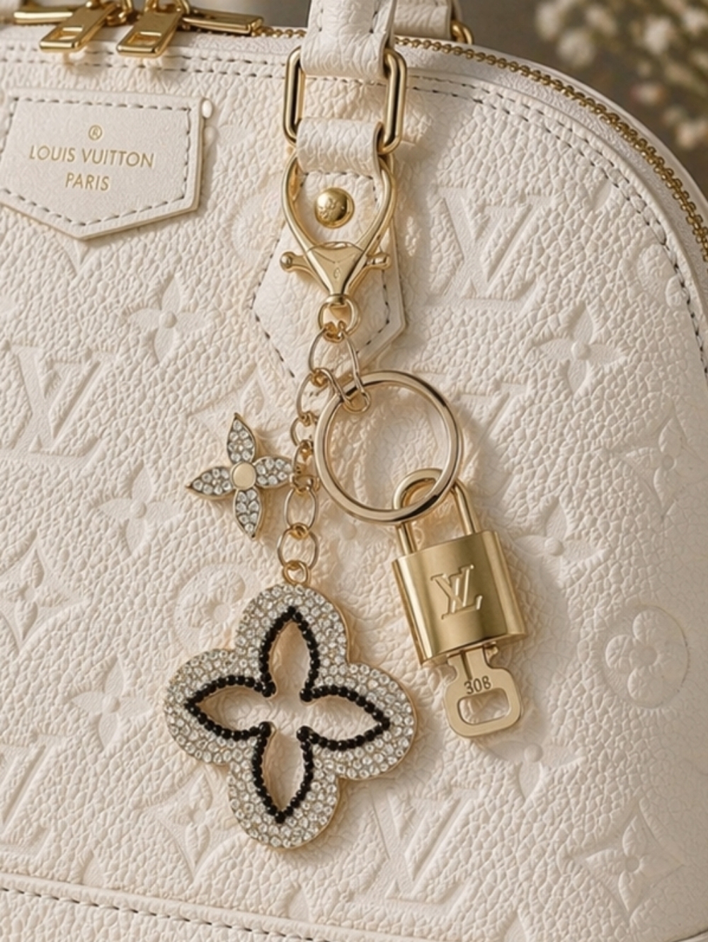 Authentic Louis Vuitton Gold Padlock 🔑 Unbranded Clover Keychain Bag Charm LV